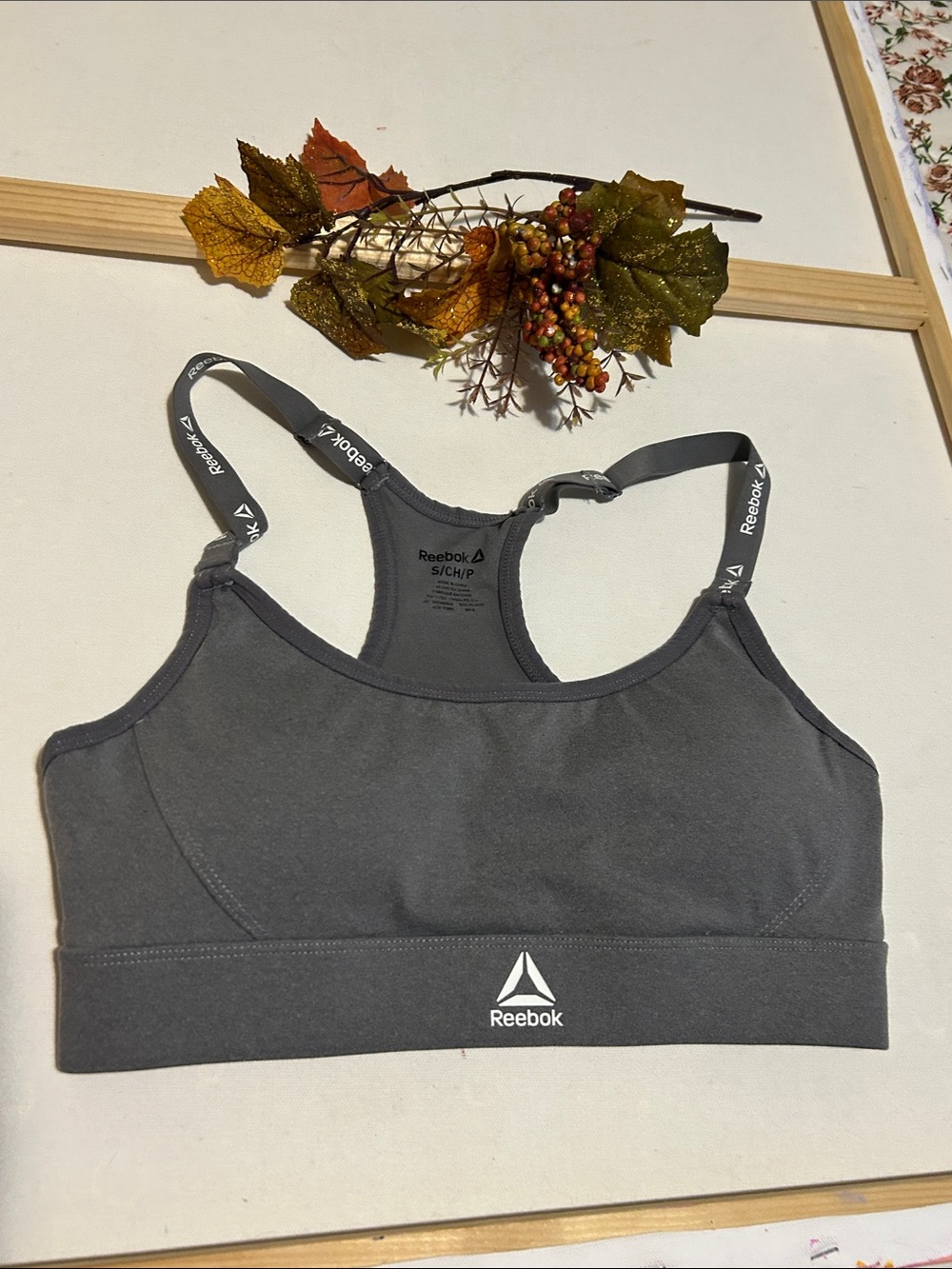 Reebok Dark Gray Racerback Sports Bra with Logo Straps